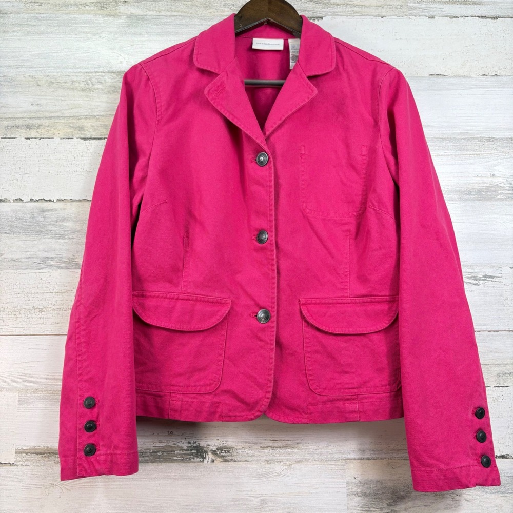 Liz Claiborne Pink Denim Chore Jacket Utility Blazer‎ Womens Large Preppy Bright